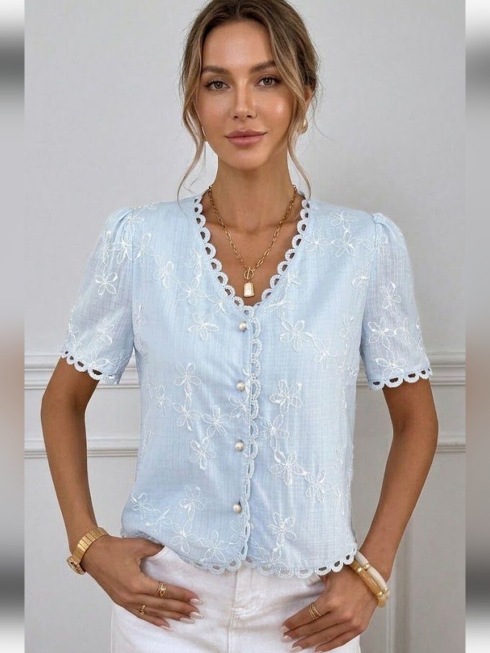 💜2 for $10💜 Bundle and save Light Blue Lace-Trim Button Front Women’s Top